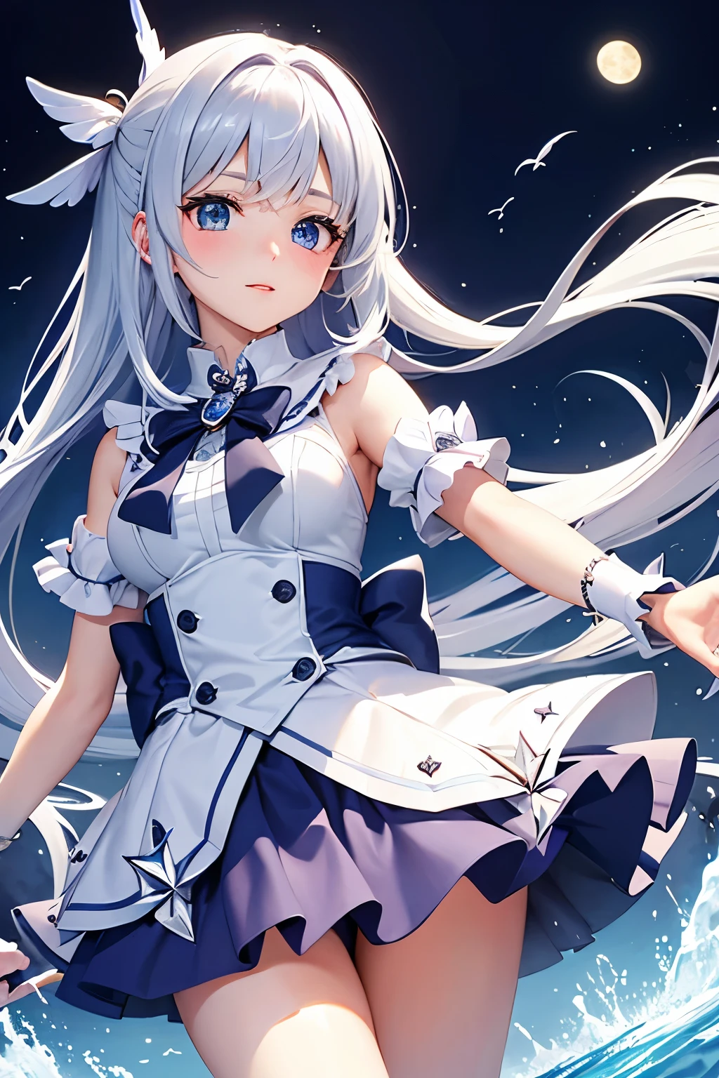 （（（Highest quality、first class、masterpiece、Normal body、8k、Detailed face、Ultra-precision、normal hand、Normal refer to、５refer to、Highest）））、Silver Hair、Female college student、Magical girl、魔法Female college student、Magical girlコスチューム、White and blue contrast outfit、Extreme mini skirt、Moon Wand、full moon