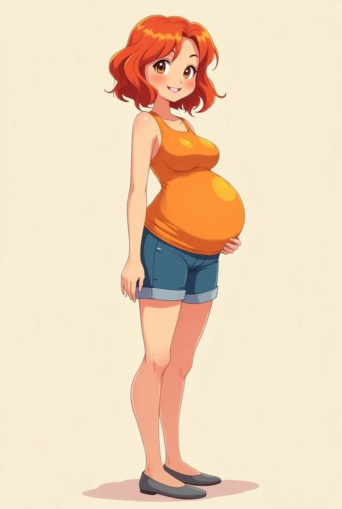 a cartoon girl, anime girl, cell shaded adult animation, shorts, orange hair, solo, short hair, smile, full body, 4k hd, legs visible, tall, blue shorts and an orange tank, brown eyes, 1girl, in grey Flats, 4k hd, big breasts, pregnant girl