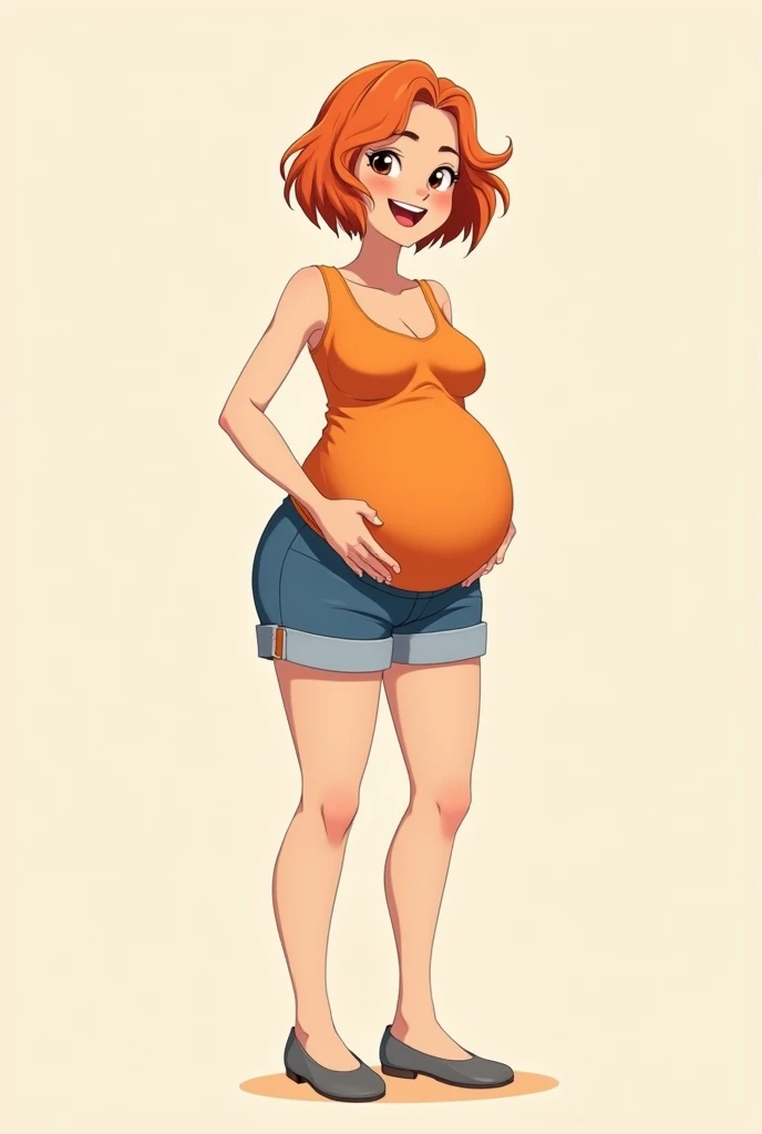 a cartoon girl, anime girl, cell shaded adult animation, shorts, orange hair, solo, short hair, smile, full body, 4k hd, legs visible, tall, blue shorts and an orange tank, brown eyes, 1girl, in grey Flats, 4k hd, big breasts, pregnant girl