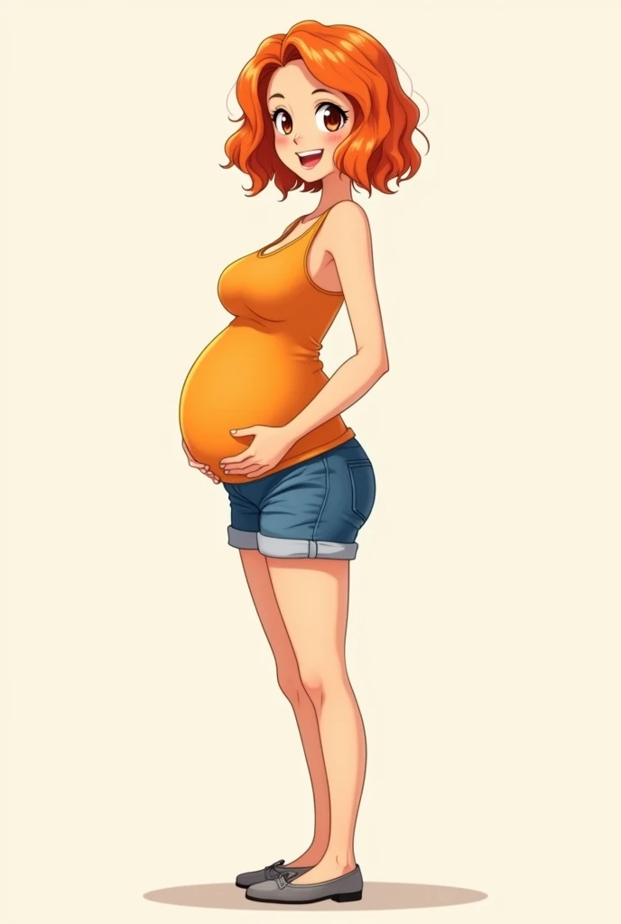 a cartoon girl, anime girl, cell shaded adult animation, shorts, orange hair, solo, short hair, smile, full body, 4k hd, legs visible, tall, blue shorts and an orange tank, brown eyes, 1girl, in grey Flats, 4k hd, big breasts, pregnant girl