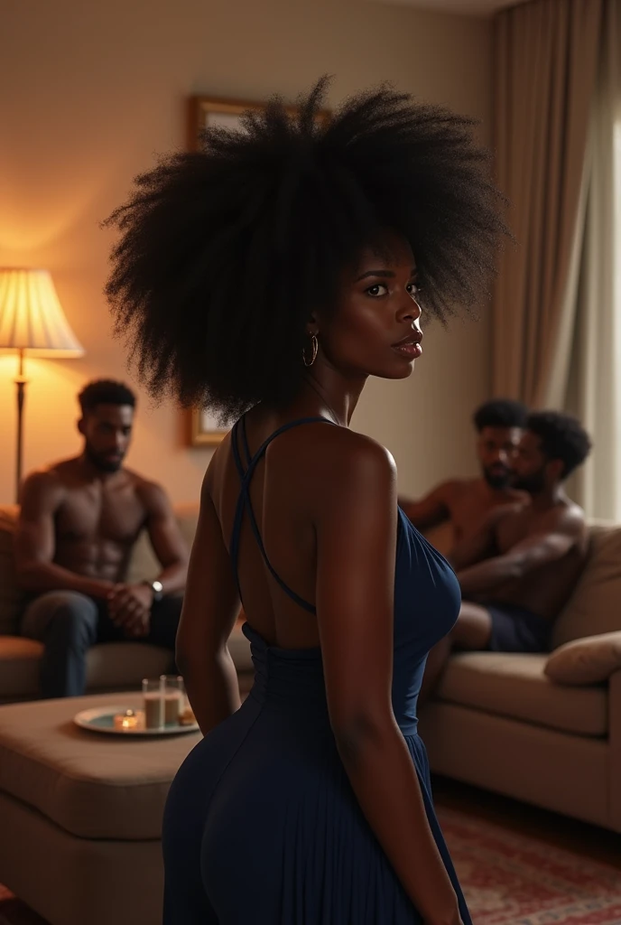 Generate an image of a black curvy African woman who noticed something strange about her fiancé whiles his friends were around. She should be standing at the back of a sofa where her finance who is black and handsome is talking with his friends 