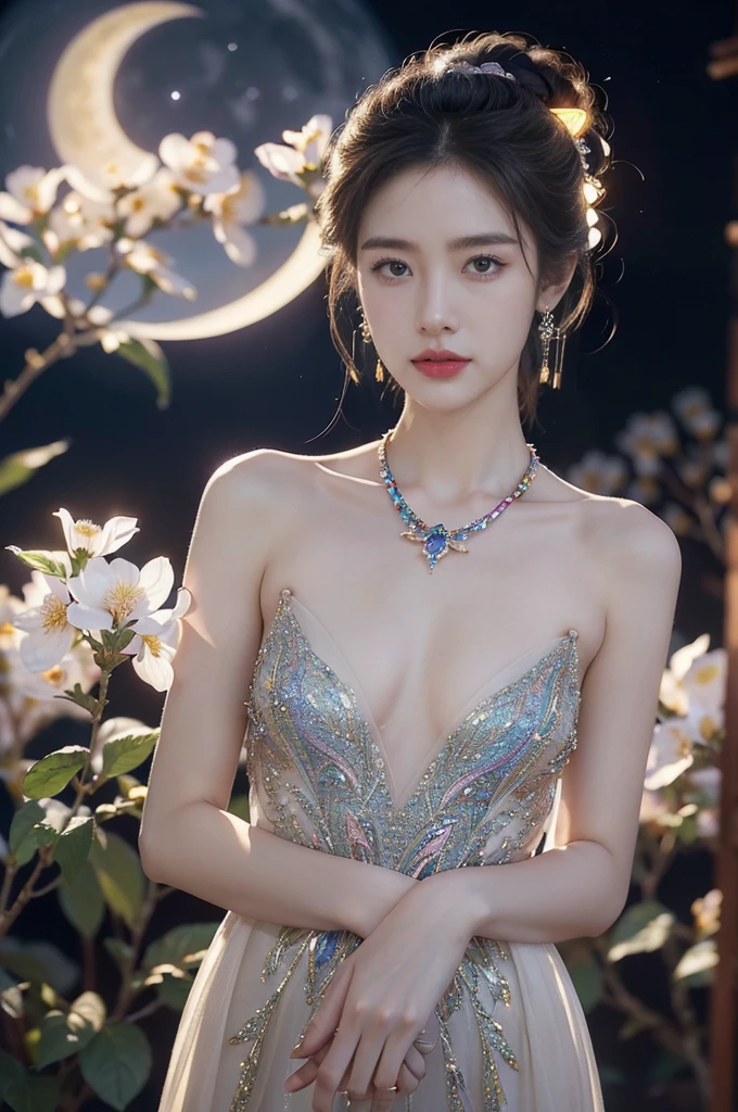 (((best quality))),(((ultra detailed))),(((masterpiece))),illustration,((1 beautiful girl,solo)),(neat chignon:1.2),((earrings,crystal necklace)),((slim,thin)),((small breasts,flat chest)),(stockings:1.3),(a moon in the clear night sky as the background:1.3), gentle glow,(Standing in the world full of vibrant flowers:1.3),(gorgeous sheer Chinese dress:1.3),sparkling eyes,graceful,(surrounded by colorful flowers:1.5), kaleidoscope, shimmer,bright moonlight, delicate petals, fragrance, otherworldly, magical realm, enchantment, tranquility, essence of beauty, peace,(outdoor:1.),(night scene:1.3),((from front,upper body))