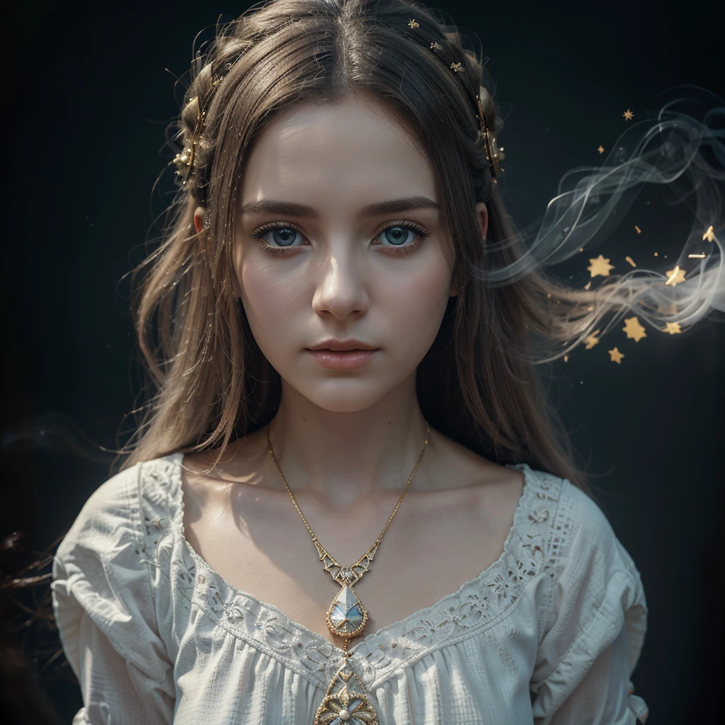 Ukraine flag background,  painting, ghostly white woman face, white long hair fluttering in the wind,
smoke, fog, universe, starry sky, mysterious, soft, dreamlike, surrealism,
simple background, intricate details, 3D rendering, octane rendering,
Tim Burton style, unreal engine, depth of field, ultra high quality model,
intricate artwork masterpiece, golden ratio, trending on cgsociety, intricate,
epic, trending on artstation, 8k, hdr