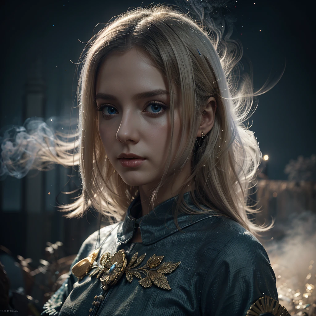 Ukraine flag background, painting, ghostly white woman face, white long hair fluttering in the wind,
smoke, fog, universe, starry sky, mysterious, soft, dreamlike, surrealism,
simple background, intricate details, 3D rendering, octane rendering,
Tim Burton style, unreal engine, depth of field, ultra high quality model,
intricate artwork masterpiece, golden ratio, trending on cgsociety, intricate,
epic, trending on artstation, 8k, hdr