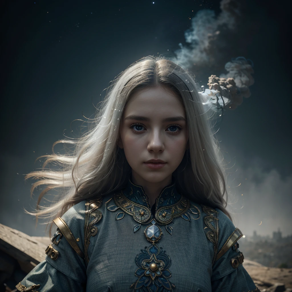 Ukraine flag background,  painting, ghostly white woman face, white long hair fluttering in the wind,
smoke, fog, universe, starry sky, mysterious, soft, dreamlike, surrealism,
simple background, intricate details, 3D rendering, octane rendering,
Tim Burton style, unreal engine, depth of field, ultra high quality model,
intricate artwork masterpiece, golden ratio, trending on cgsociety, intricate,
epic, trending on artstation, 8k, hdr
