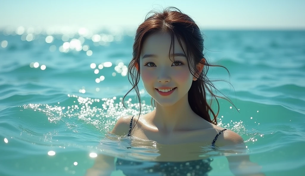 A brown-haired Japanese woman swimming in the sea invites you in with a shy smile
High resolution, masterpiece, Anatomically correct, Highest quality, High detail, Textured skin, Ultra-detailed, Cinematography,