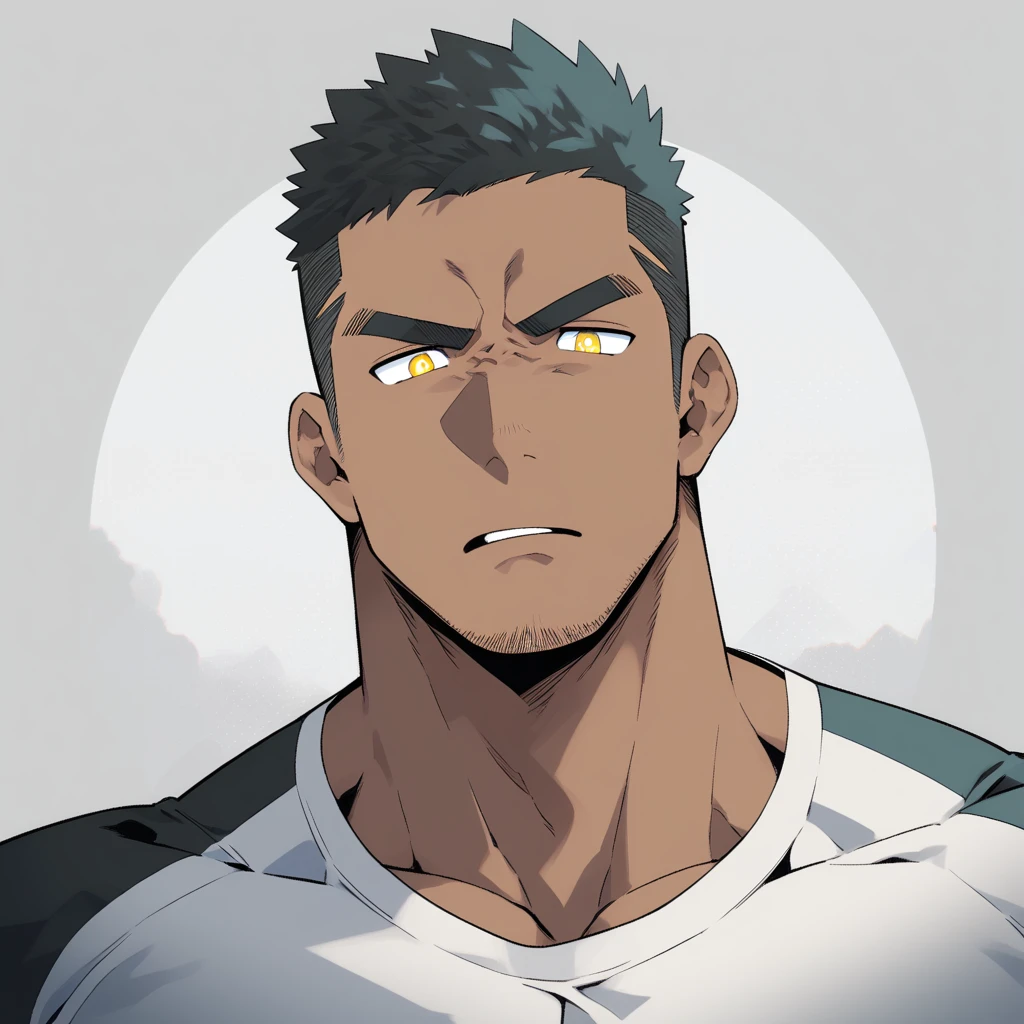 anime characters：Priapus, Muscle Sports Student, negro black skin, 1 dark skin muscular tough guy, Manliness, male focus, Light yellow high collar long sleeve tight T-shirt, Very tight, Round, full and perky chest muscles, muscular male, muscular, only, Upper body, alone, Black short hair, His hair stood up, Thick eyebrows, stubble, Yellow eyes, Grey background, simple background, amazing quality, best aesthetics, Ridiculous, bright pupils, crew cut, parted lips, frown, angry, negative space, best quality