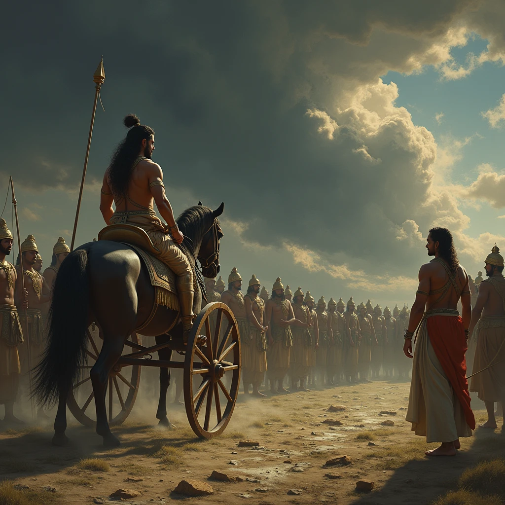 Visualize Arjuna standing in his chariot, his expression filled with sorrow and concern. In the background, depict the Kaurava army, their faces twisted in greed and ignorance, oblivious to the devastation around them. The battlefield is littered with broken family crests and shattered symbols of unity, representing the destruction of family bonds. A dark, ominous cloud looms over the Kauravas, symbolizing the sin they are blind to. Krishna stands beside Arjuna, his hand on Arjuna's shoulder, guiding him, while faint, ghostly images of ancestors look on with sadness, emphasizing the moral and spiritual weight of the situation.