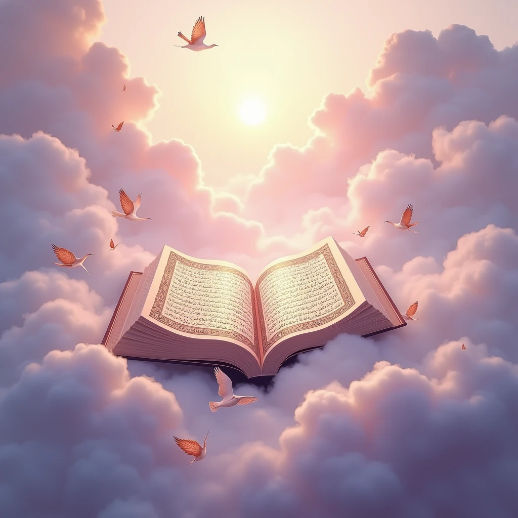 "A picture of a page from the Holy Quran amidst pink clouds, with birds flying around it and scattered leaves in the background."