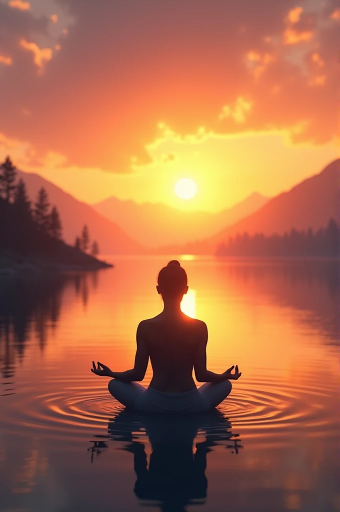Create a relaxing landscape video with 1 person meditating looking at the sunset over realistic water without additional fingers or heads , ultra realistic and branchless