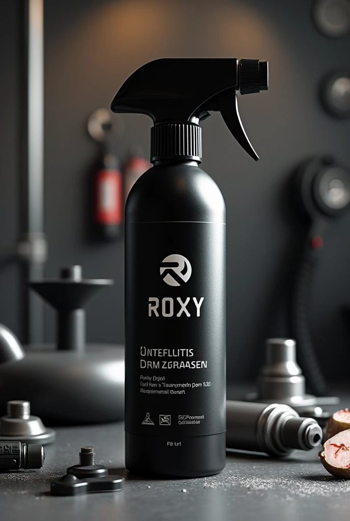Product called roxy degreaser in black spray bottle with car background
