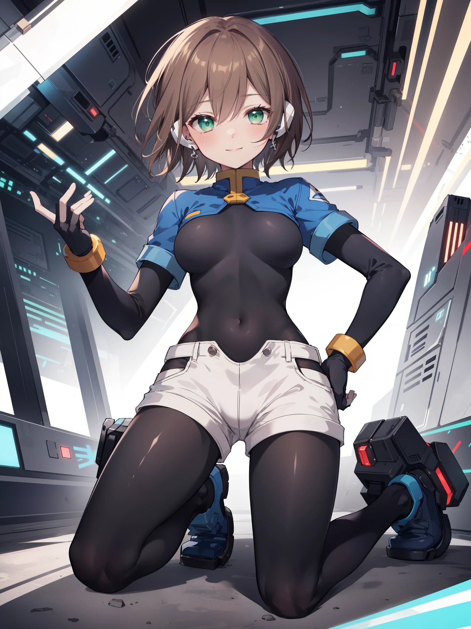 aile_megamanzx, kneeling with hand on the ground and , 1girl, solo, short hair, brown hair, short sleeves, (bodysuit), robot ears, green eyes, short_shorts, short sleeves, short over long sleeves, smile, in futuristic city, , high quality, medium_breasts,crotch, slouch