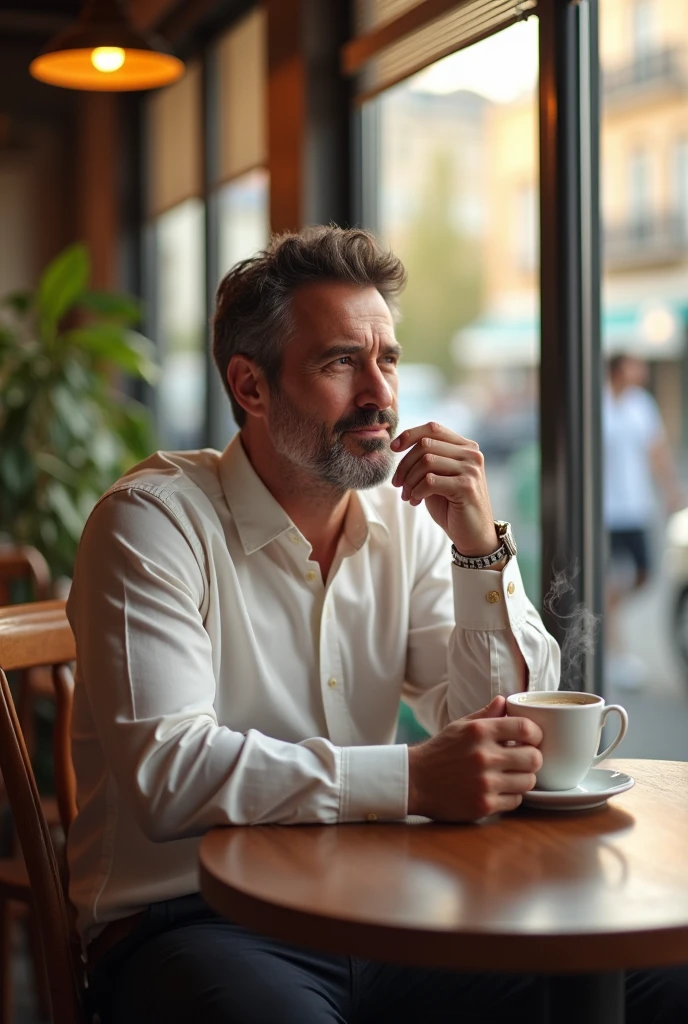 A handsome 40-year-old man drinking coffee in the morning
