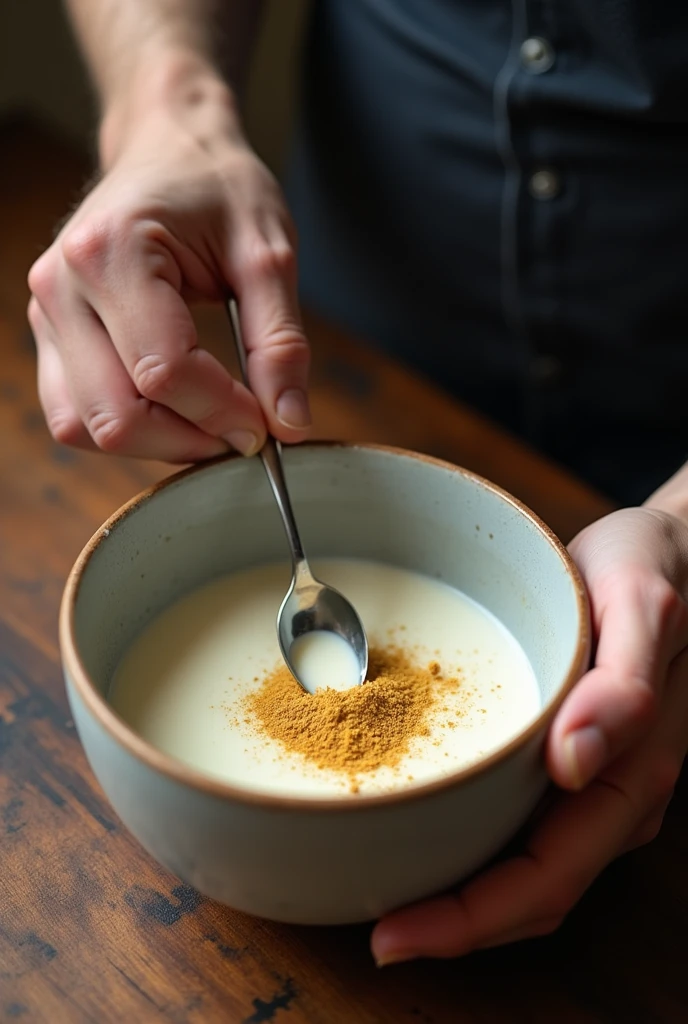 A man mixing very less amount of milk with more ginger powder also showing milk an powder together in small bowl pics from up with man mixing with spoon on table
