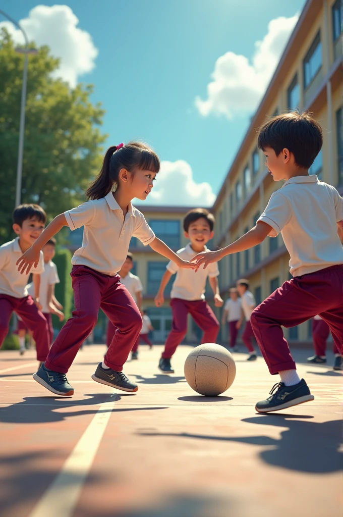 Create an image of some children in physical education uniforms, burgundy trousers and a white shirt, doing tricks with a ball on a cement court and a school in the background.