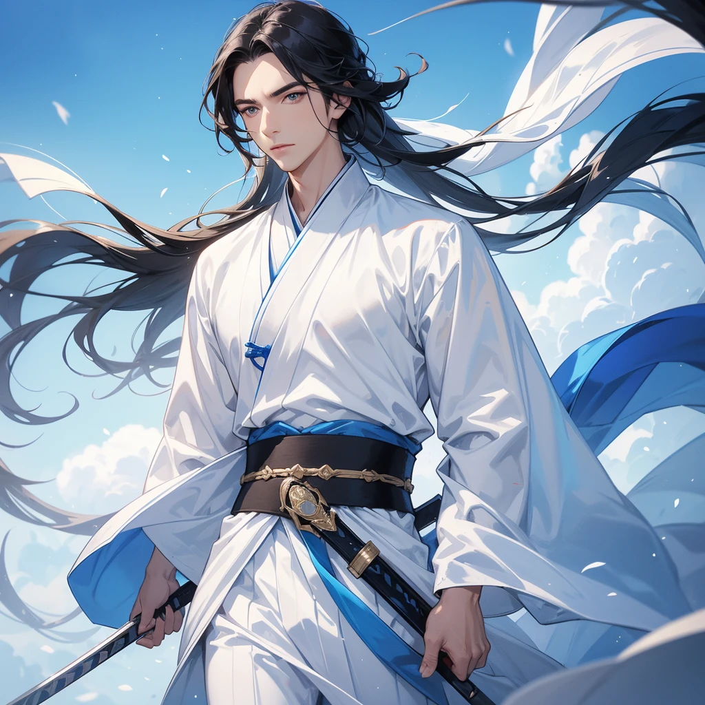 A Handsome black-hair male holding a large sword in white hanfu dress, Background is a blue sky, with low floating blue clouds all over the area, close up.