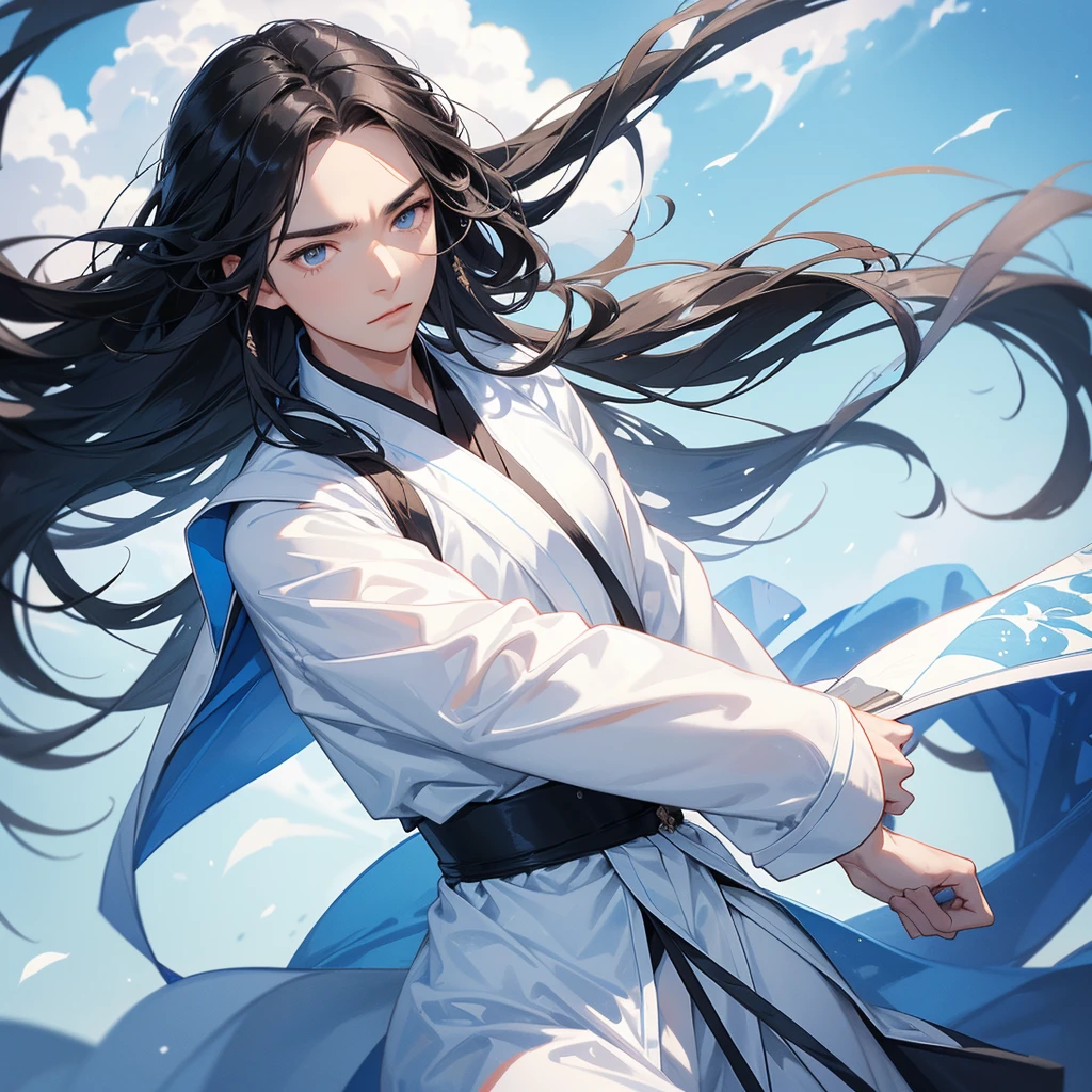 A Handsome black-hair male holding a large sword in white hanfu dress, Background is a blue sky, with low floating blue clouds all over the area, close up.