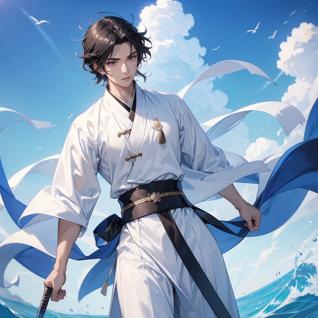 A Handsome black-hair male holding a large sword in white hanfu dress, Background is a blue sky, with low floating blue clouds all over the area, close up.