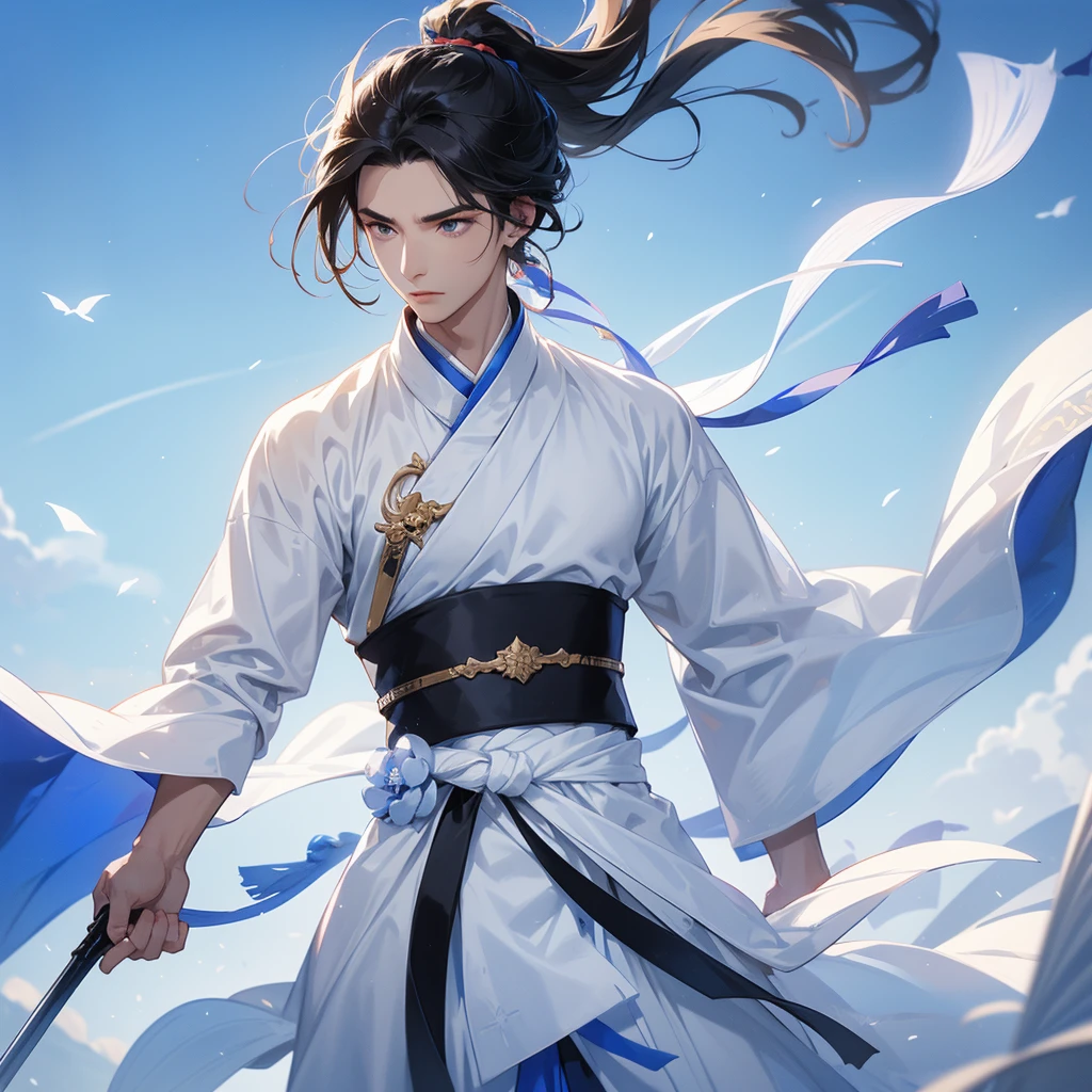 A Handsome black-hair male holding a large sword in white hanfu dress, Background is a blue sky, with low floating blue clouds all over the area, close up.
