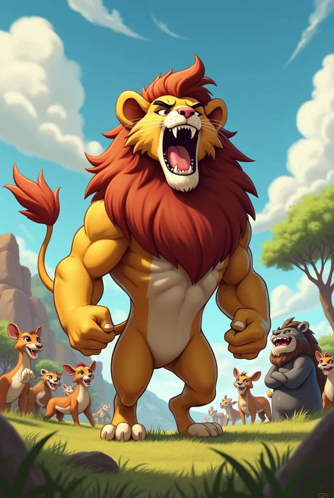 Detailed picture of a confident man anthro, (Lion, powerful body) standing proudly on the middle of the savanna, roaring with his mouth wide open. trending on Art Station, Ross Tran, ruan jia, foxovh, ((determined expression, the other animals are clapping and cheering in the background, cartoon