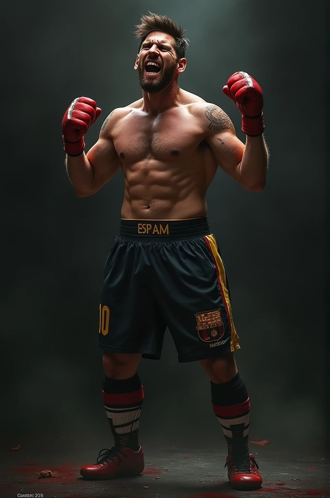 Messi in boxing pose and scary smiling