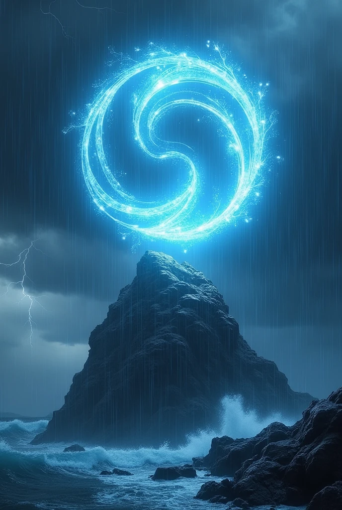Light blue wind symbol on black rock with heavy rain and thunder weather