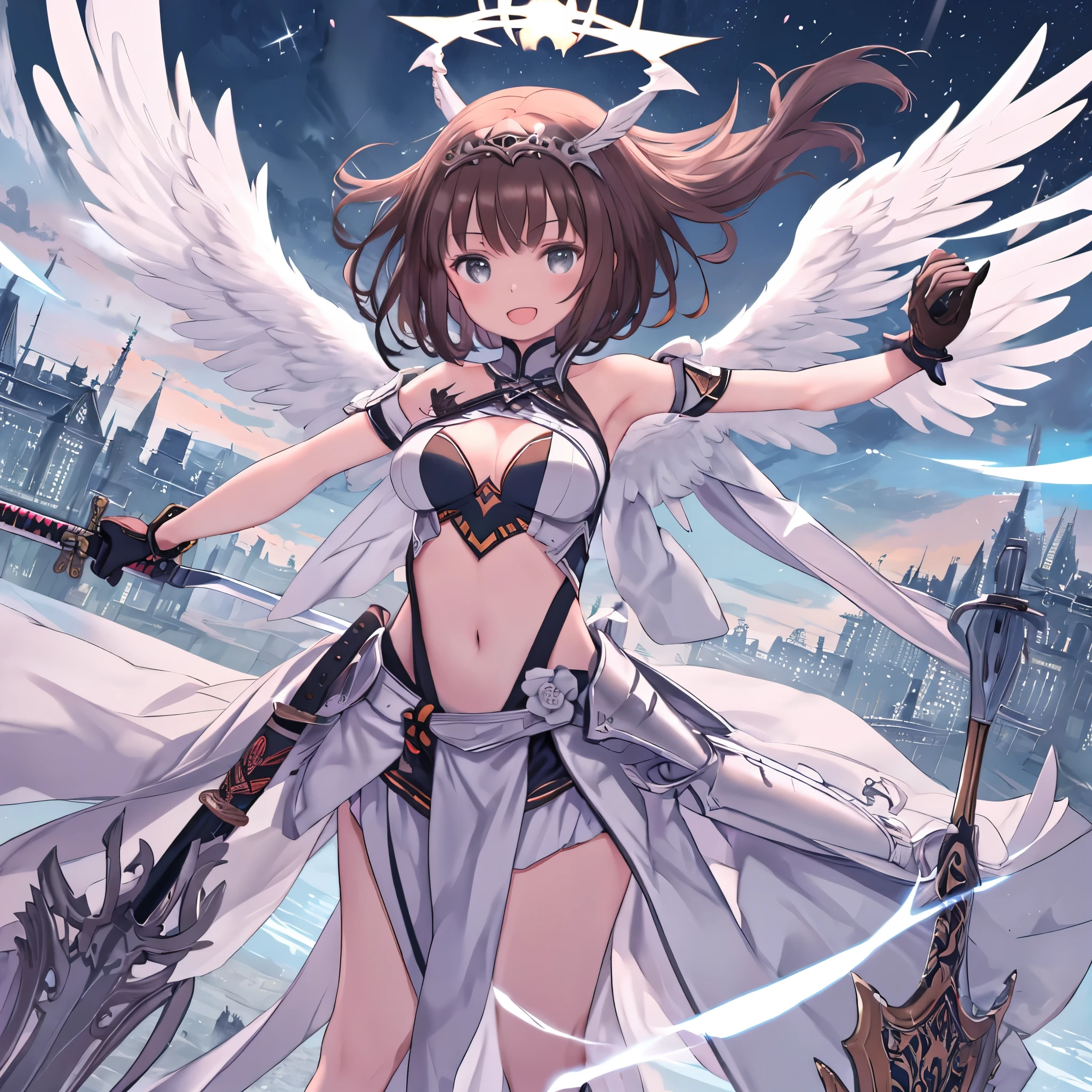 fantasy, 1angel_girl, low_, dark_brown_hair,long_bangs, (dark_skin)+, bare_shoulder, navel out, thighhighs,silver_shiny_armor, white_clothes,waist_armor, Glebe, hold_swords_emits_light, medium_breasts, dynamic_flying_pose,Floating, (1pair_white_wings:1.2),(pelvic_curtain:1.3), silver_Headgear ,looking_down_at_sunset_city_sky_background,,slightly_spread_legs, some_swords_emits_light,some_swords_emits_light_floating_around_the_girl,solo,glare_halo,laugh ,smile,open_mouth,open_legs,open_arms,rise_knee,rise_leg,rise_thigh,rise_leg,forward_leaning_posture,apart_legs,