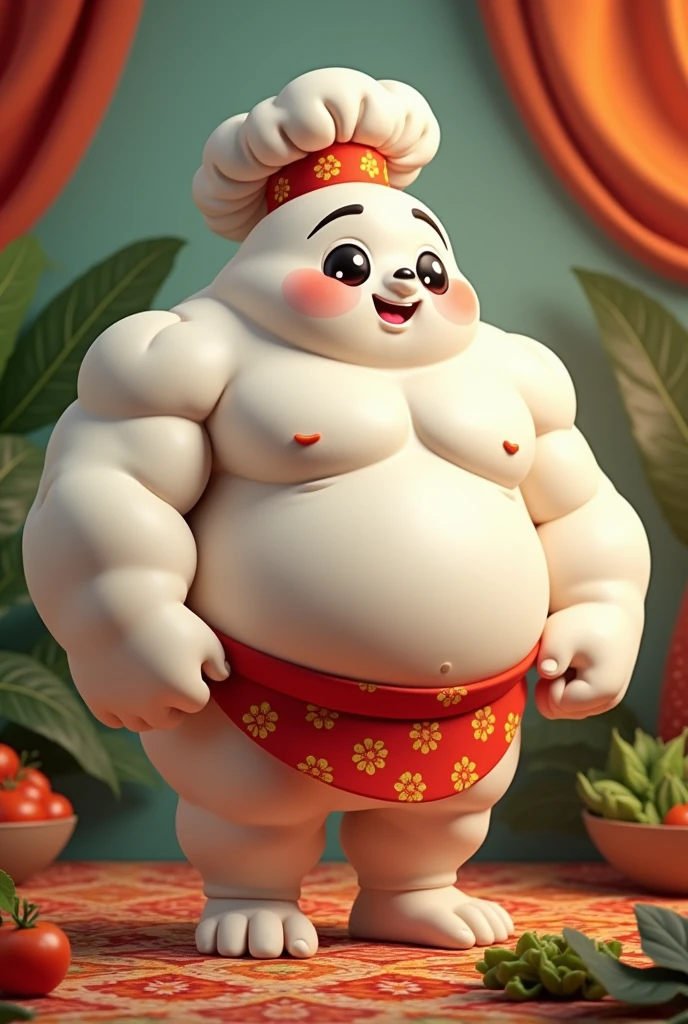 Make me a mascot look strong and the theme is culinary from indonesia that called Es Selendang Mayang.Make the character dominant white,make the character look muscular but cute