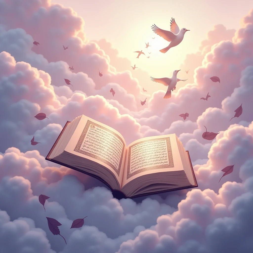 "A picture of a page from the Holy Quran amidst pink clouds, with birds flying around it and scattered leaves in the background."