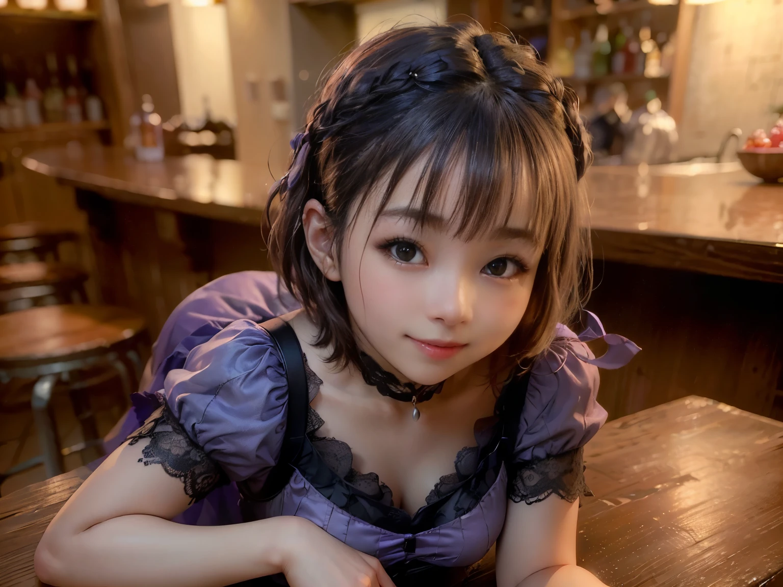 (Highest quality, masterpiece, Ultra-high resolution, 8k, RAW Photos, Realistic, Anatomically correct:1.5), 20-year-old girl:1.2, Embarrassing, avert your eyes, blush:1.0, View Viewer, ((bar)) 、Large windows、Night view、 Light:1.2, Bokeh, Cinema Lighting:1.0, Depth of written boundary, sharp、 Cute Face、Idol、(Black short sleeve lace top)、(Black tulle skirt)、(Purple clothes)、”dwarf”、(Full Body Shot)、(Side angle)、Cowboy Shot、( smile)、((Ultra short hair、Berry Short))、(Straight bangs)、((See-through))、(( One woman))、look back、I can see your belly button、
