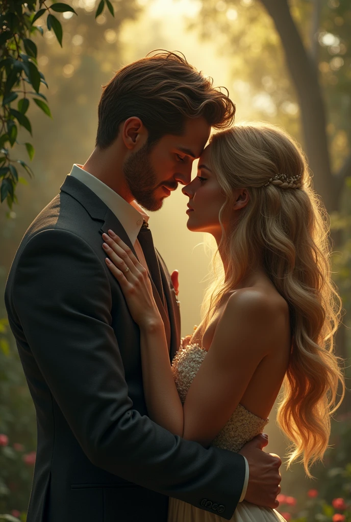 Generates a hyperrealistic image of a couple hugging, She has long blonde hair and brown eyes, the tall black hair blue eyes and in the background, another couple holding hands looking at them with envy, She has short blonde hair and he has strong blonde hair