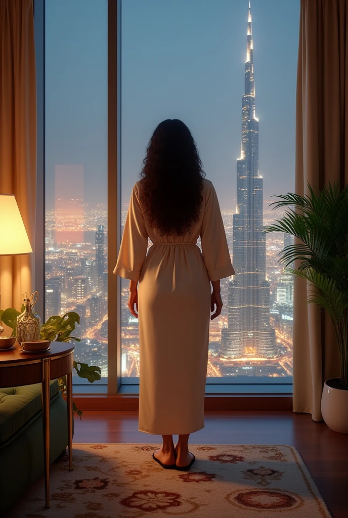 Create a photorealistic digital artwork of a woman standing in a luxurious high-rise apartment within the Burj Khalifa. She wears an elegant silk robe and matching slippers, with her long curly hair cascading around her shoulders. The room is adorned with tasteful furnishings and lush indoor plants, bathed in soft, warm lighting. Through the floor-to-ceiling windows, the bustling cityscape of Dubai is visible, featuring the iconic Burj Khalifa towering amidst the city lights. Focus on capturing the intricate details of her poised stance, the sophisticated interior, and the vibrant cityscape outside.”

Let me know if you need something different or more specific!