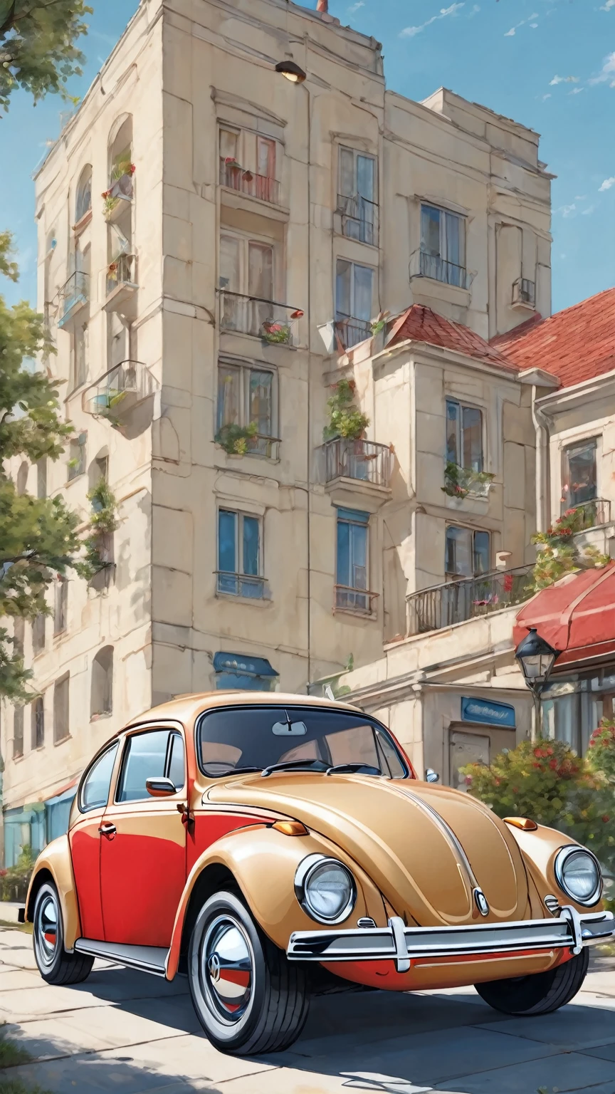 Draw caricature style, cartoon, The image shows a classic Volkswagen Beetle, parked in an outdoor environment. The car has a cream colored body with whitewall tires and red rims., demoted,which gives it a retro look. The background includes some modern buildings, Trees and a clear blue sky. The car appears to be in good condition and stands out for its nostalgic design..