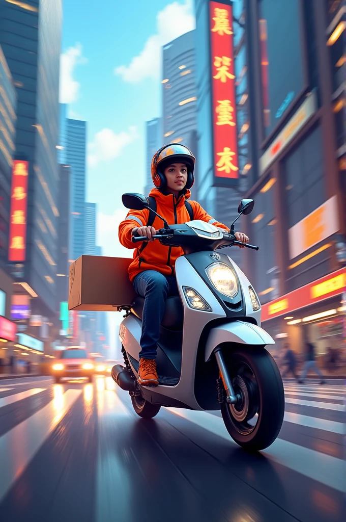A courier on a scooter motorcycle for the delivery of a package