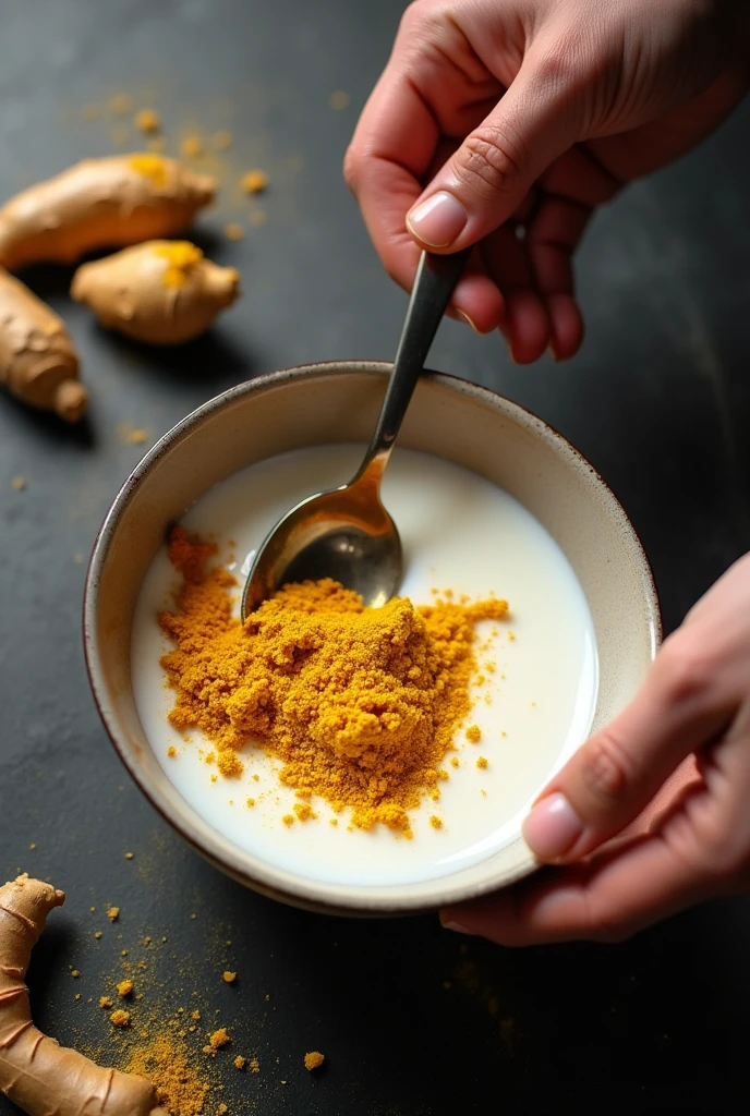 A man mixing very less amount of milk with more ginger powder also showing milk an powder together in small bowl pics from up with man mixing with spoon on table moving spoon in bowl