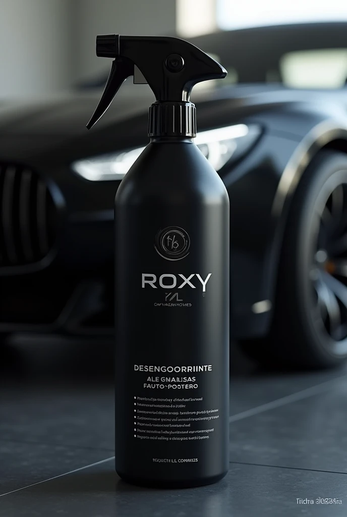 Product called roxy degreaser in black spray bottle with car background write the product description in Portuguese 
