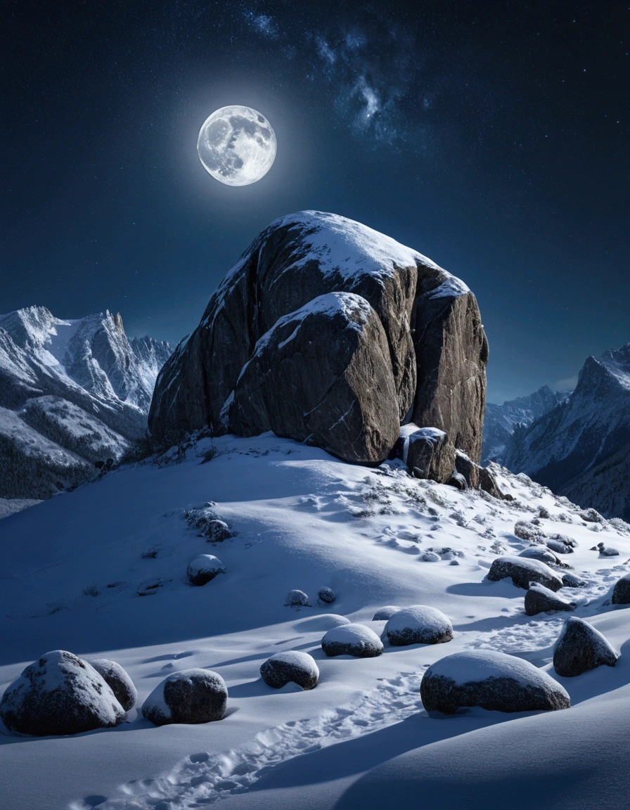 a massive rock covered in snow, night sky, moonlight, snow-covered landscape, dramatic lighting, cinematic composition, photorealistic, 8k, best quality, highly detailed, intricate details, breathtaking, moody atmosphere, dramatic shadows, glowing moon, starry night sky, snowflakes, serene, peaceful, tranquil