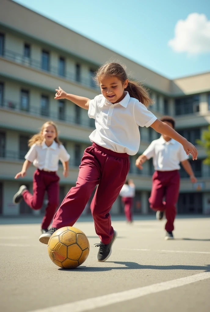 Create an image of some children in physical education uniforms, burgundy trousers and a white shirt, doing tricks with a football on a cement pitch and a school in the background. 