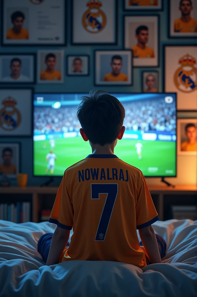 A boy of age about 15 wearing a jersey of Nawaraj 7 watching Ronaldo playing from his bed and his wall is full of Ronaldo's photo and real Madrid logo