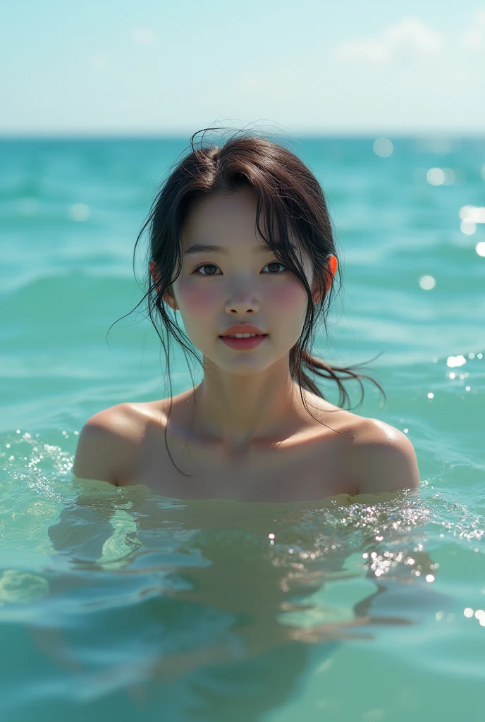 High resolution of a brown-haired Japanese woman swimming in the ocean with a shy smile inviting you to swim with her, masterpiece, Anatomically correct, Highest quality, High detail, Textured skin, Ultra-detailed, Cinematography, shiny sun light