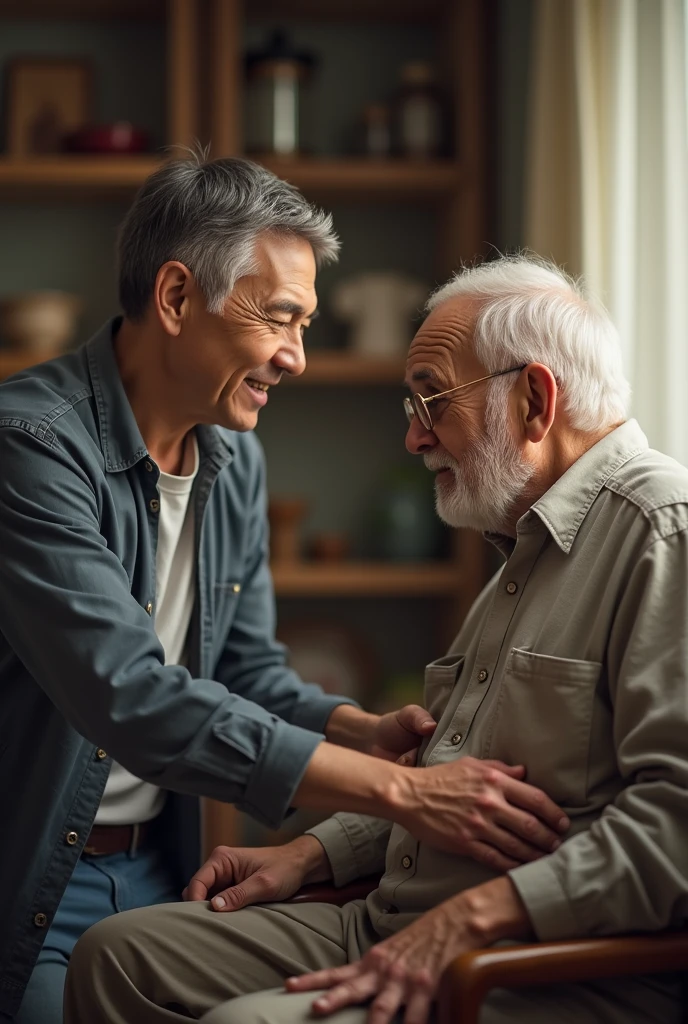 35 yesrs old man taking car of his dad at the house 