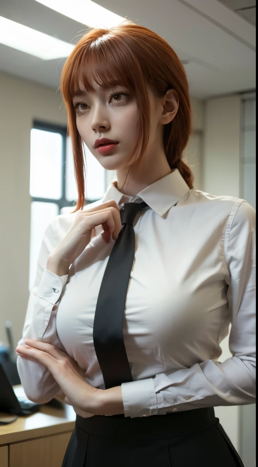 (best quality, master part, fullcolor, Dynamic angle, highest detailed) upper body photo, glad, (Makima, chainsawman), handsome fashion photography (red  long hair) Kizi (Stunning mature woman), ((Massive medium breasts)), High Dress Up Detailed Office Makima Suit, white shirt black tie(high resolution textures), in doggy pose, bokeh, (details Intricate, hyperdetailed:1.15), circunstanciado, sunlight passing through hair, office background, (offcial art, extremely detaild, highest detailed),