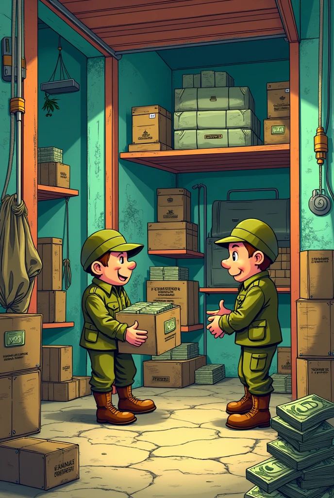 entrepôt militaire d'arme de canabis et d'argent en cartoon
