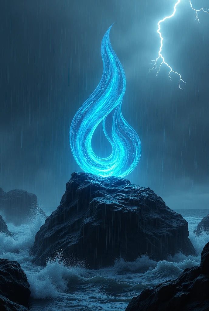 Light blue water symbol on black rock with heavy rain and thunder weather
