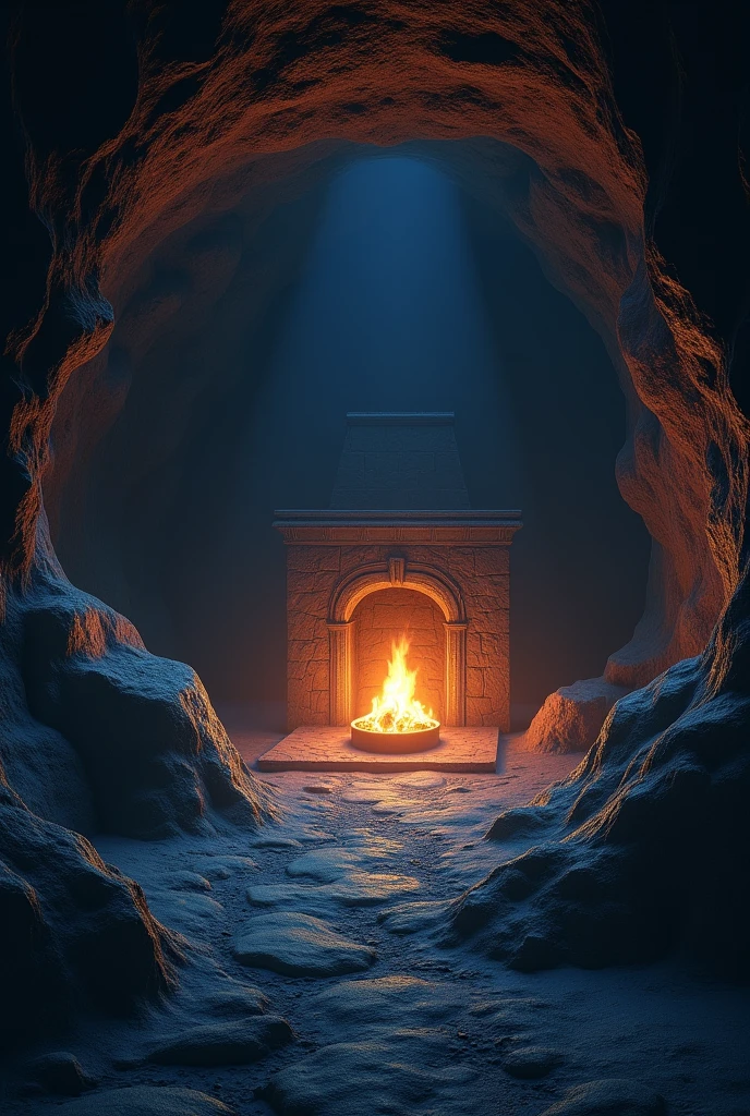 Ek place jaha side me gufa shape structure wall ho or ye jagah zameen ke niche ho orr uss place pe sirf fire stand lage ho orr unki hi roshni ho or entrence gate chota ho orr vaha se bss ek blue dim light aa rahi ho or fogg and floor mitti ho orr thoda gufa type ho