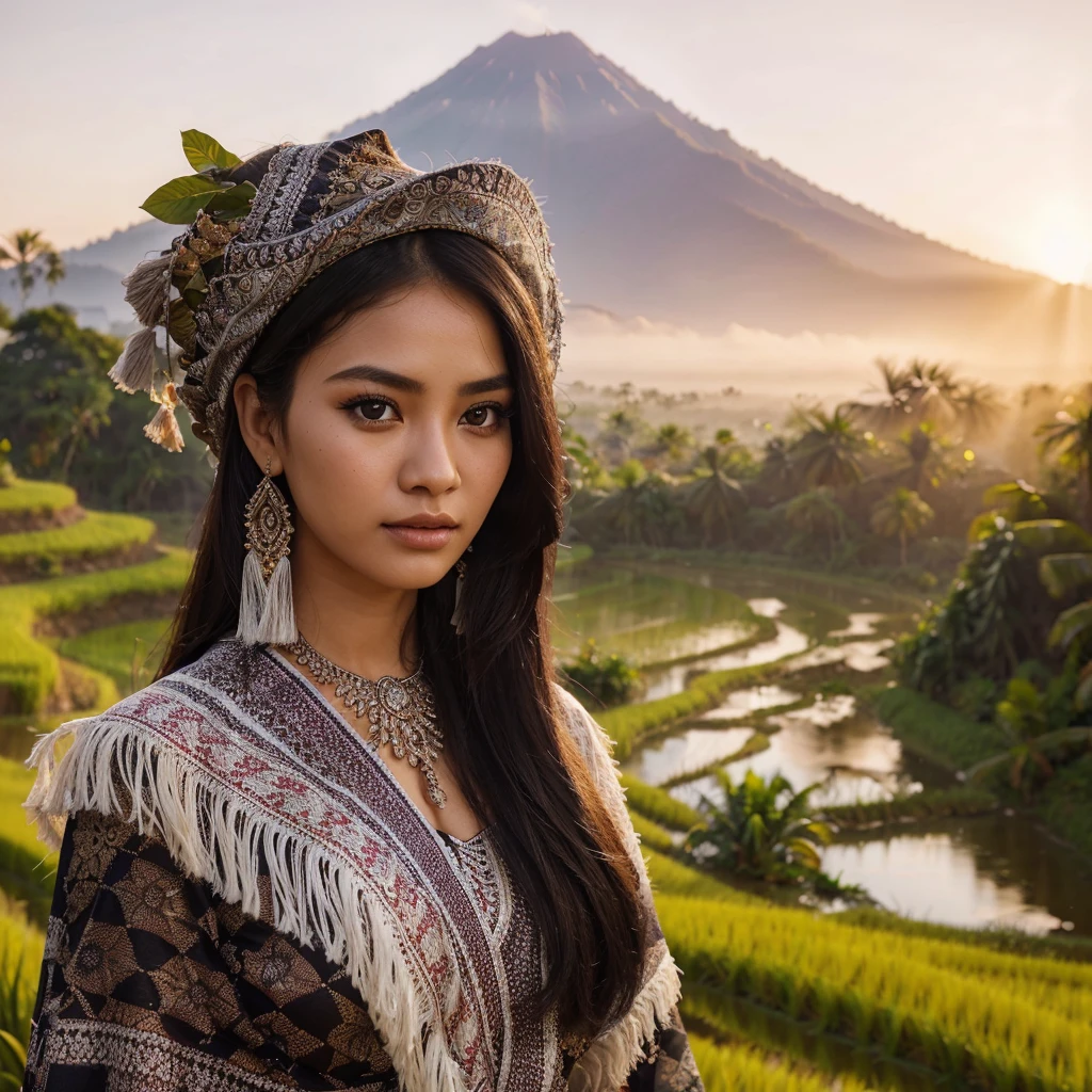 1 beautiful sasak woman from lombok island, 20 years old, white skin, black hair, wearing kebaya and songket sarong, detailed face, skin texture, posing against backdrop of rice fields, huts, streams, forests, mount rinjani, angled from sky, high dynamic range (hdr), rule of thirds, celebgram preset, detailed, photorealistic, 4k, intricate details, beautiful detailed eyes, beautiful detailed lips, extremely detailed face, long eyelashes, vivid colors, warm lighting