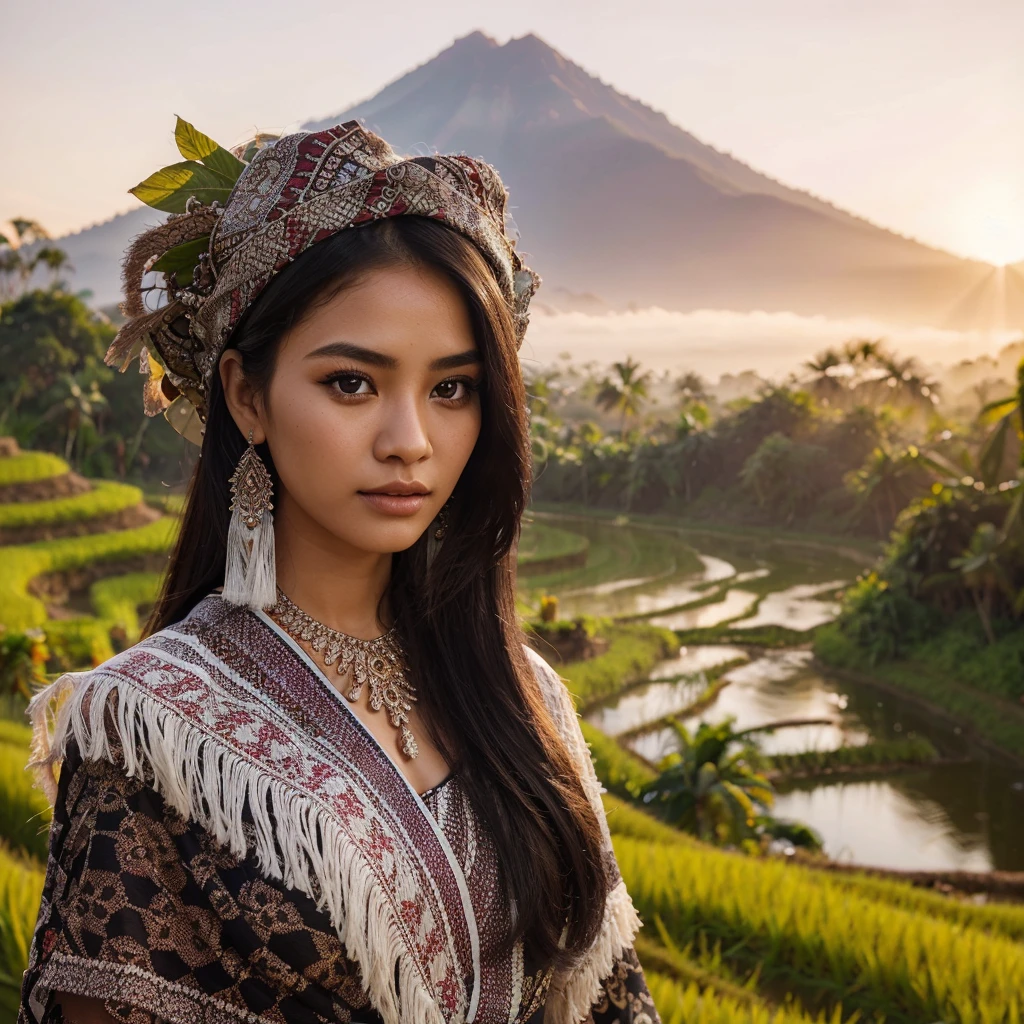 1 beautiful sasak woman from lombok island, 20 years old, white skin, black hair, wearing kebaya and songket sarong, detailed face, skin texture, posing against backdrop of rice fields, huts, streams, forests, mount rinjani, angled from sky, high dynamic range (hdr), rule of thirds, celebgram preset, detailed, photorealistic, 4k, intricate details, beautiful detailed eyes, beautiful detailed lips, extremely detailed face, long eyelashes, vivid colors, warm lighting