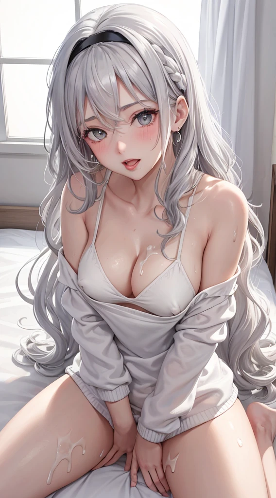 1Girl, 2, Solo, Anime, Ideal body, (Cleavage, Small breast, Hard Nipple). Beautiful, Gorgeous, Fresh, No Bangs, (White Grey Hair:1.5),(Straight and Wavy Long Hair:1.3), colorful, sweater, casual shirt, casual dress, casual skirt, camisol, cotton texture, laced, casual pants, Comfort, Fabric Texture. (Sit on bed:1.3). Earrings, Thin Black Headband, Green Accessories, Environmental Details, Bed Room, Natural Light, Modern Bed, Chair, Window, White Curtain, City View. pov, anime style, UHD, retina, masterpiece, accurate, anatomically correct, textured skin. High Resolution, Looking at viewer, Blush, Best Quality, Award Winning, Accurate, Embarrassed, seductive smile, naught smile, horny, sweating, Naughty Face, Chin up, lips open, Gradient Eye Color, Sexy Pose. Top view shot, body bent to viewer ,front of camera, looking up to viewer, tongue out, open mouth. From Above, Close-Up, (sticky goo on breast), (white goo on body), (sweating). Milk, white milk on breast.