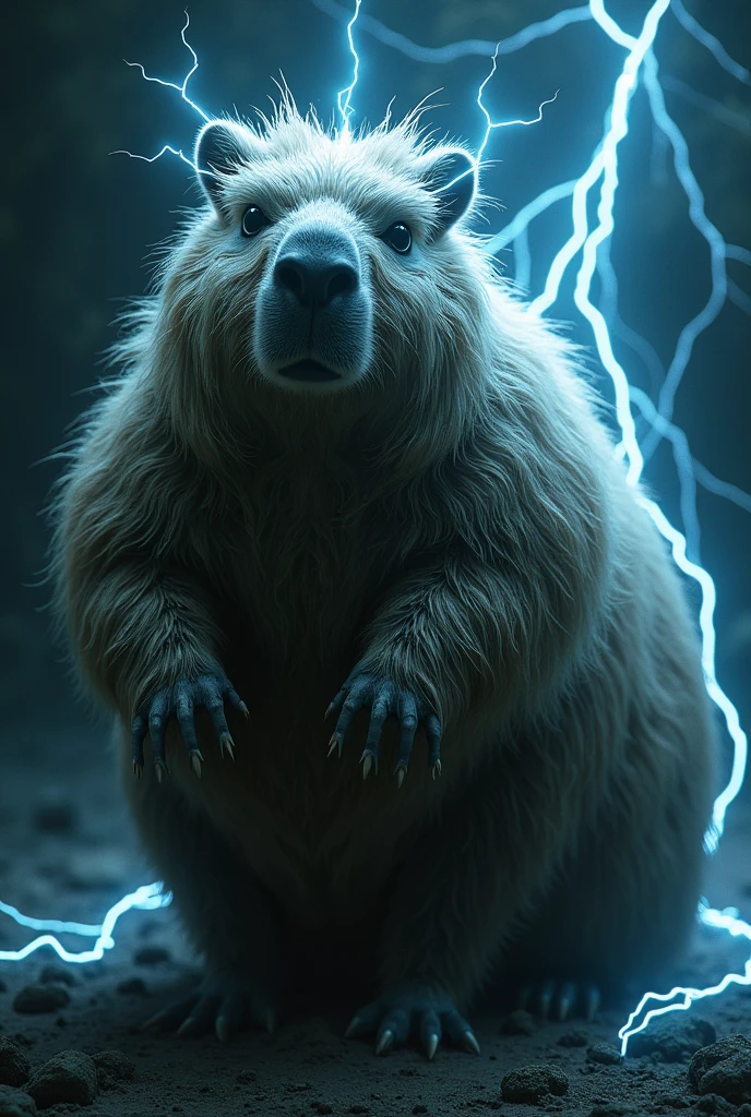 Very cute and very hairy capybara, extremely creepy and electrified, with rays coming out of the eyes and body.
