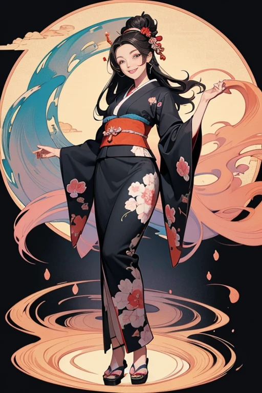 A beautiful woman smiles and shows her upper white teeth、Vividly colored Japanese Ukiyo-e style illustrations、(SeaArt creates stunning illustrations of beautiful women in kimono)、Brown-black long hair、Beautiful full body style、Beautiful digital painting,、Bright vibrant digital anime art、 Detailed digital anime art、 Beautiful anime portraits、background、Shrine in Kyoto, Japan、